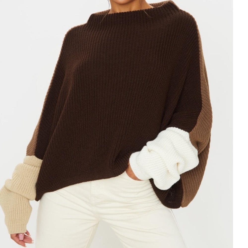 PLT Brown Oversized Colour Block Sweater